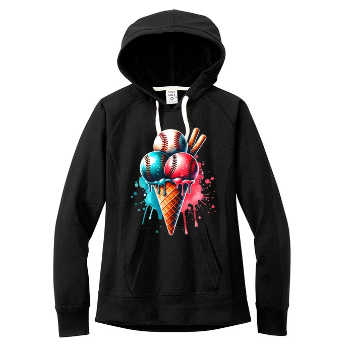 Baseball Ice Cream Watercolor Sports Lover Ice Cream Cone Women's Fleece Hoodie