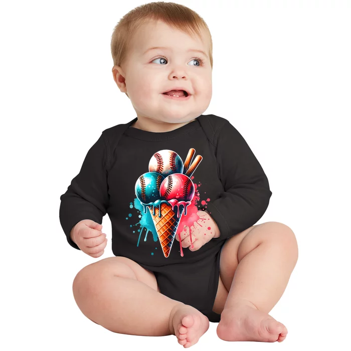 Baseball Ice Cream Watercolor Sports Lover Ice Cream Cone Baby Long Sleeve Bodysuit