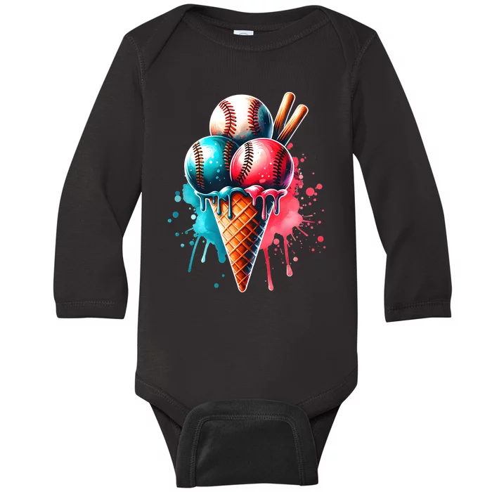 Baseball Ice Cream Watercolor Sports Lover Ice Cream Cone Baby Long Sleeve Bodysuit