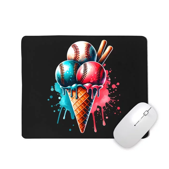 Baseball Ice Cream Watercolor Sports Lover Ice Cream Cone Mousepad