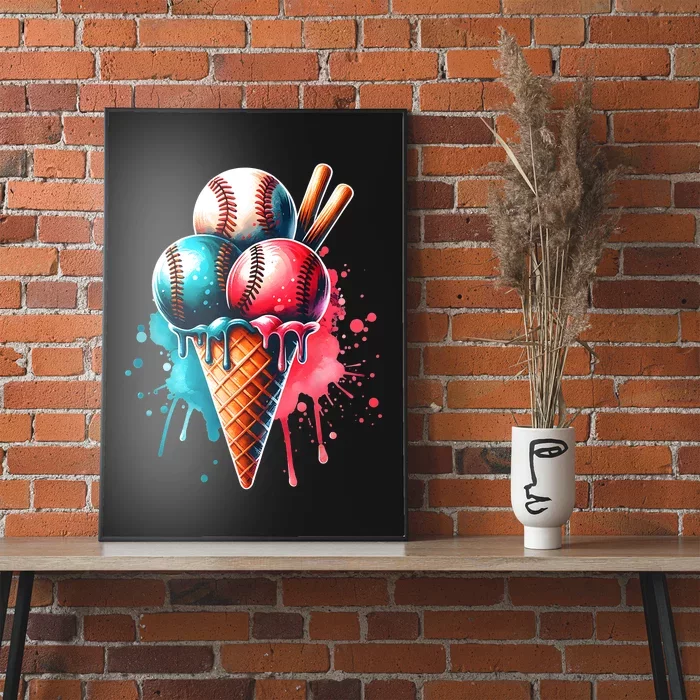 Baseball Ice Cream Watercolor Sports Lover Ice Cream Cone Poster