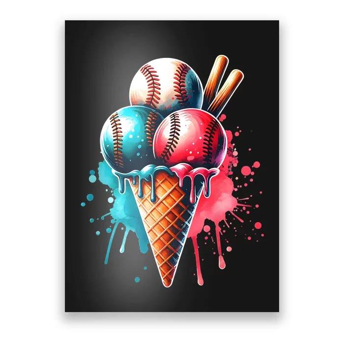 Baseball Ice Cream Watercolor Sports Lover Ice Cream Cone Poster