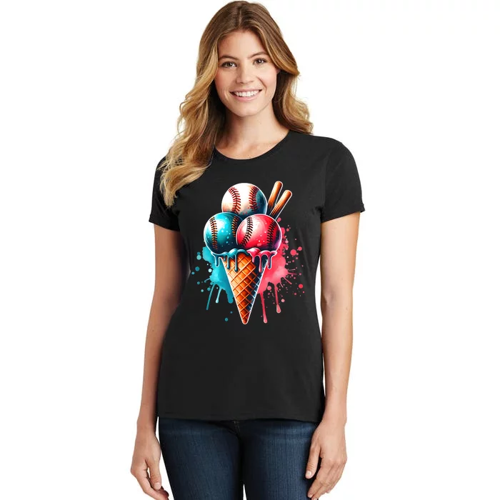 Baseball Ice Cream Watercolor Sports Lover Ice Cream Cone Women's T-Shirt