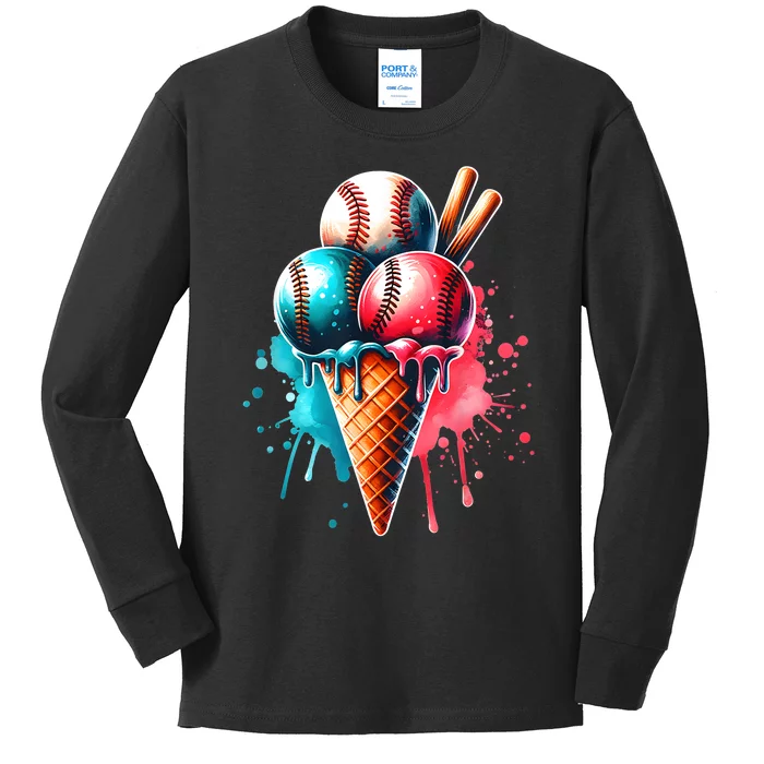 Baseball Ice Cream Watercolor Sports Lover Ice Cream Cone Kids Long Sleeve Shirt