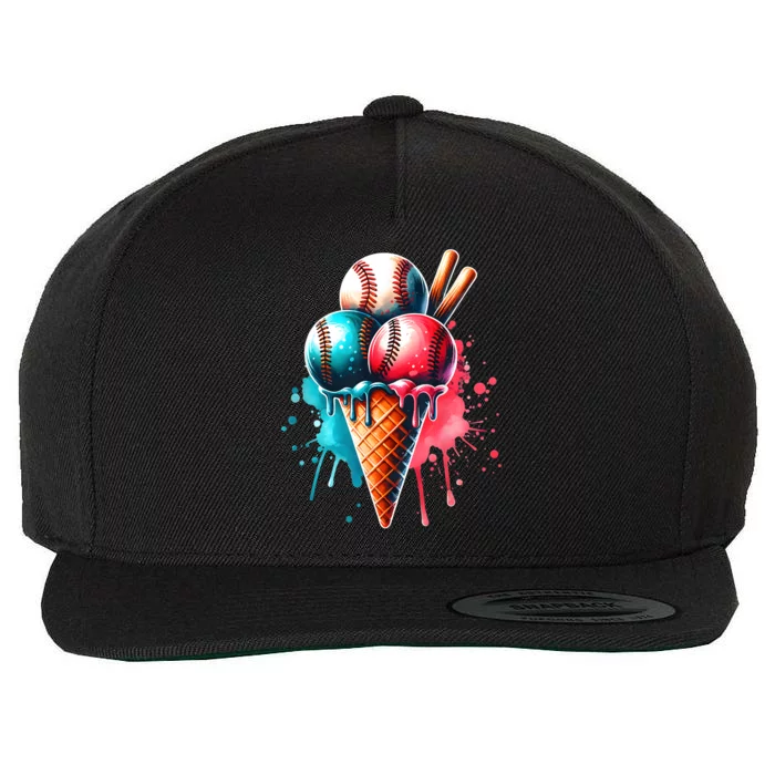 Baseball Ice Cream Watercolor Sports Lover Ice Cream Cone Wool Snapback Cap