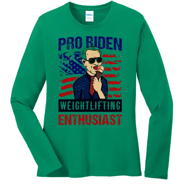 Biden Ice Cream Pro Biden Weightlifting Enthusiast American Flag Ladies Long Sleeve Shirt