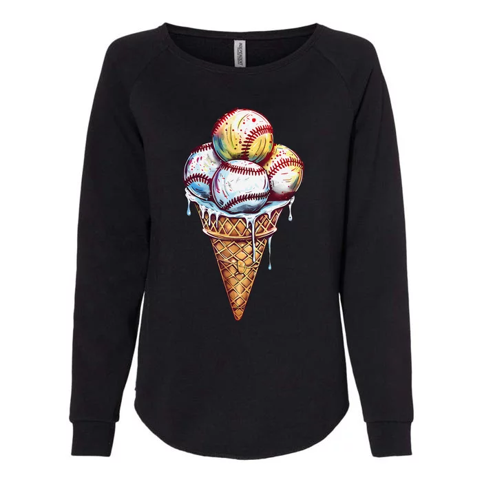 Baseball Ice Cream Watercolor Sports Lover Ice Cream Cone Womens California Wash Sweatshirt