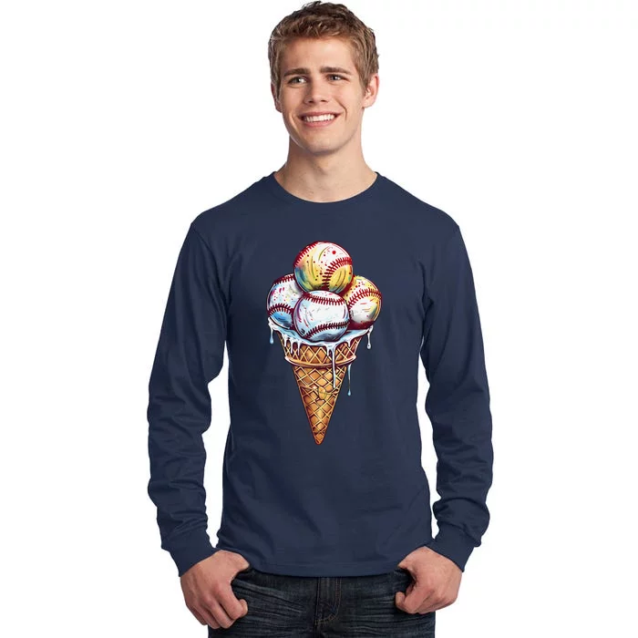 Baseball Ice Cream Watercolor Sports Lover Ice Cream Cone Tall Long Sleeve T-Shirt