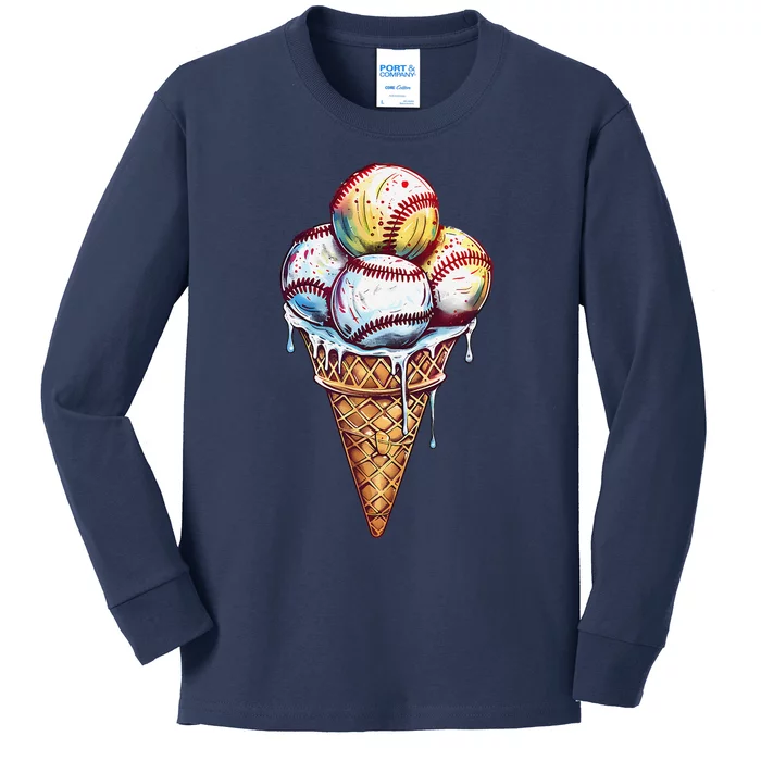 Baseball Ice Cream Watercolor Sports Lover Ice Cream Cone Kids Long Sleeve Shirt