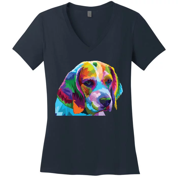 Beagle In Colorful Pop Art Design For Dog Owners Women's V-Neck T-Shirt