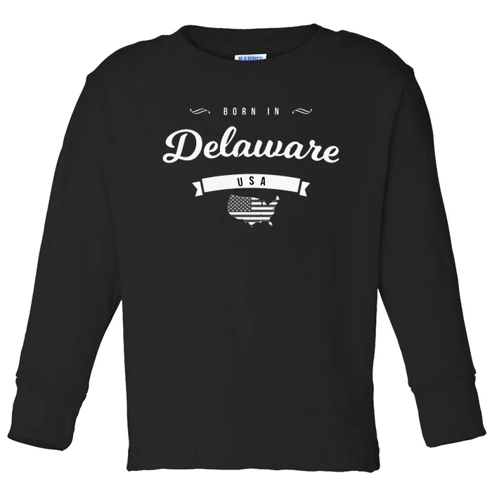 Born In Delaware De Retro Vintage Usa Map Flag Toddler Long Sleeve Shirt