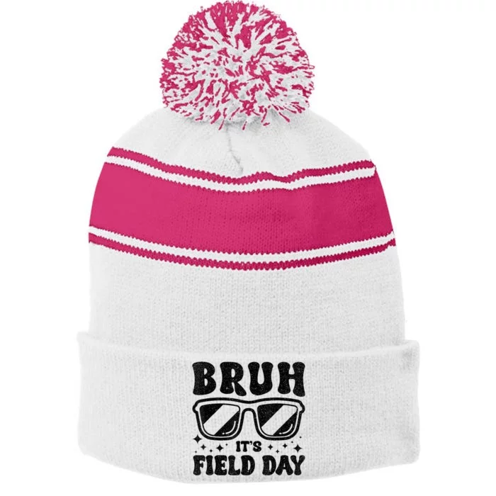 Bruh Its Field Day Teacher Happy Field Day Stripe Pom Pom Beanie