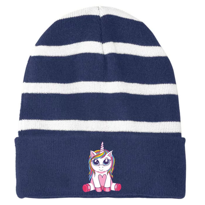 Big Eyed Unicorn Striped Beanie with Solid Band