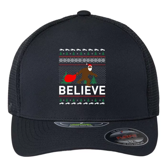 Big Foot Believe Ugly Christmas Sweater Flexfit Unipanel Trucker Cap