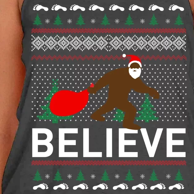 Big Foot Believe Ugly Christmas Sweater Women's Knotted Racerback Tank