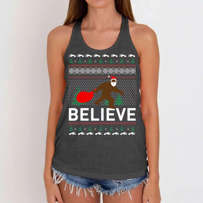 Big Foot Believe Ugly Christmas Sweater Women's Knotted Racerback Tank