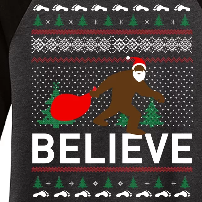 Big Foot Believe Ugly Christmas Sweater Women's Tri-Blend 3/4-Sleeve Raglan Shirt