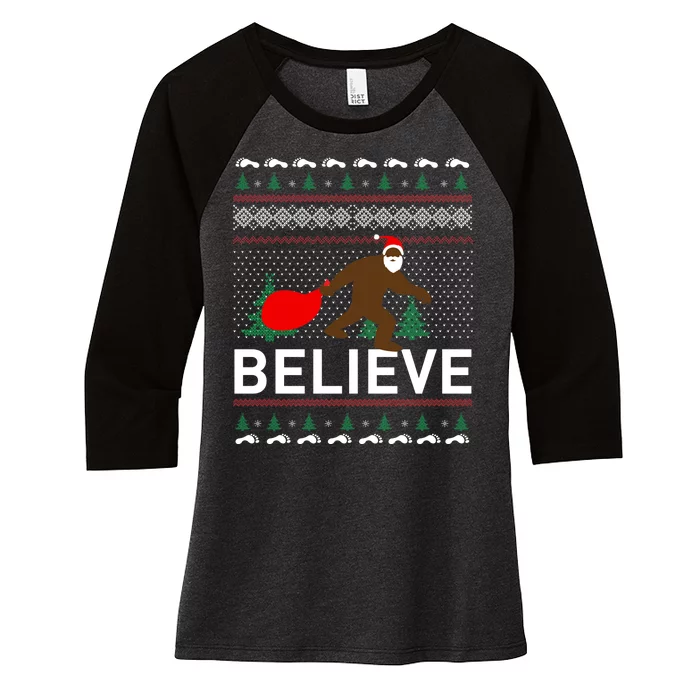 Big Foot Believe Ugly Christmas Sweater Women's Tri-Blend 3/4-Sleeve Raglan Shirt