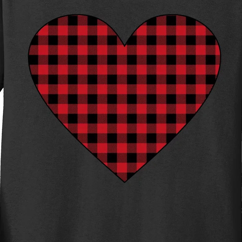 Big Heart Red Plaid Valentines Day Kids Long Sleeve Shirt