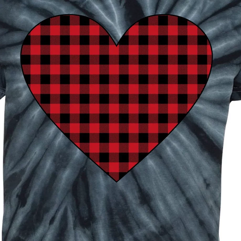 Big Heart Red Plaid Valentines Day Kids Tie-Dye T-Shirt