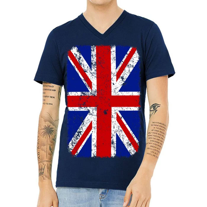 Big Vintage British England Flag V-Neck T-Shirt