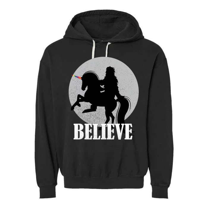 Bigfoot Riding Unicorn Believe Garment-Dyed Fleece Hoodie