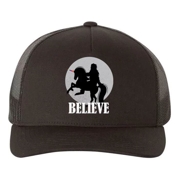 Bigfoot Riding Unicorn Believe Yupoong Adult 5-Panel Trucker Hat