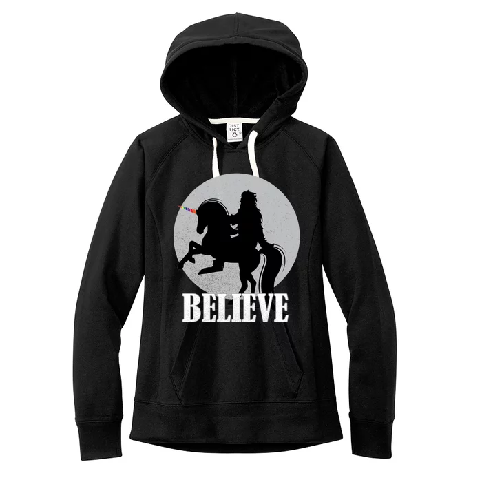 Bigfoot Riding Unicorn Believe Women's Fleece Hoodie