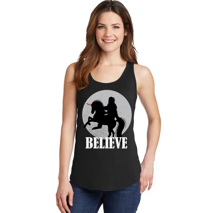 Bigfoot Riding Unicorn Believe Ladies Essential Tank