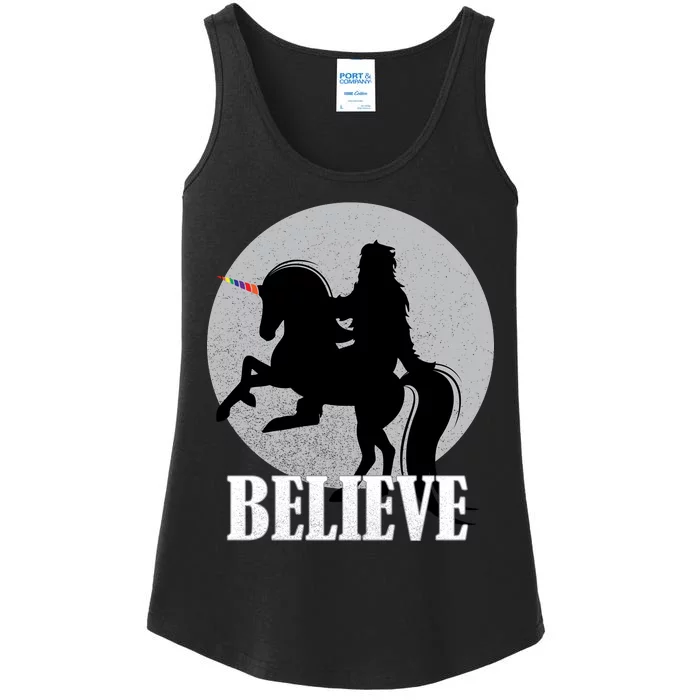 Bigfoot Riding Unicorn Believe Ladies Essential Tank