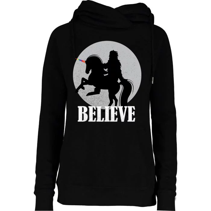 Bigfoot Riding Unicorn Believe Womens Funnel Neck Pullover Hood