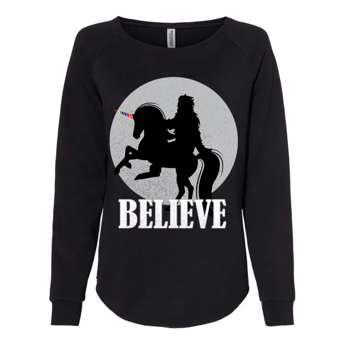 Bigfoot Riding Unicorn Believe Womens California Wash Sweatshirt