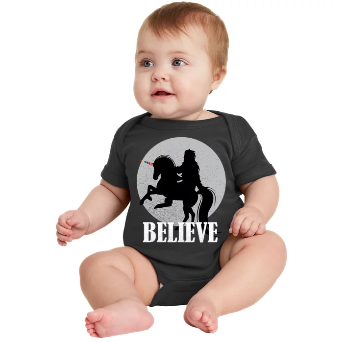 Bigfoot Riding Unicorn Believe Baby Bodysuit