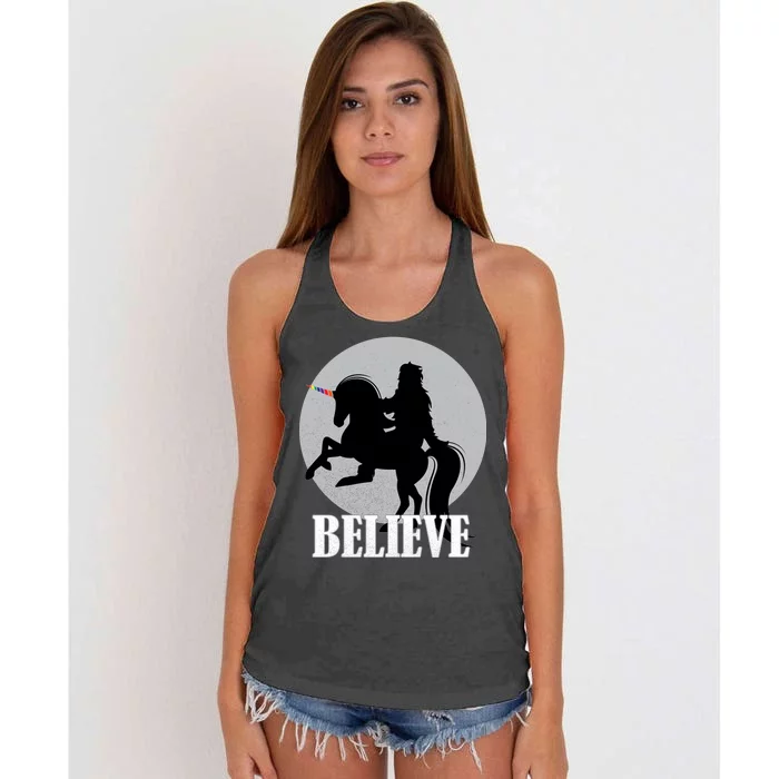 Bigfoot Riding Unicorn Believe Women's Knotted Racerback Tank