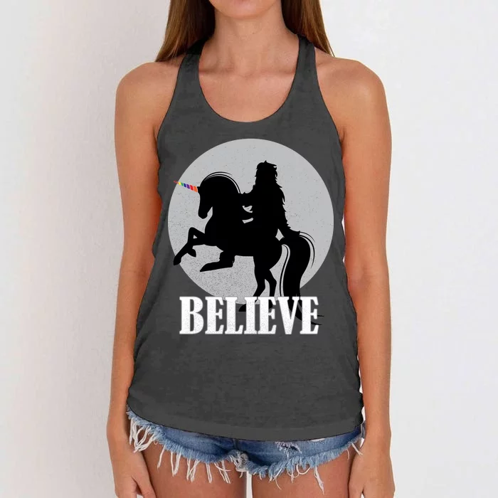 Bigfoot Riding Unicorn Believe Women's Knotted Racerback Tank