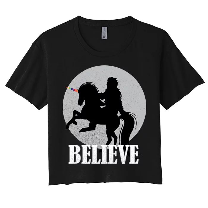 Bigfoot Riding Unicorn Believe Women's Crop Top Tee