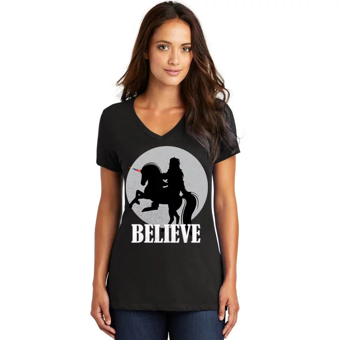 Bigfoot Riding Unicorn Believe Women's V-Neck T-Shirt