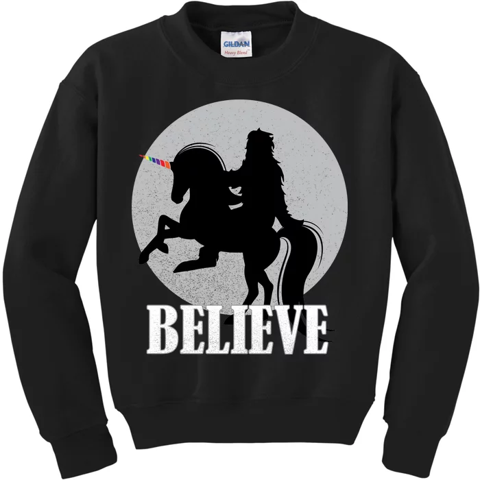 Bigfoot Riding Unicorn Believe Kids Sweatshirt