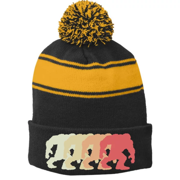 Bigfoot Silhouette Retro Sasquatch Stripe Pom Pom Beanie