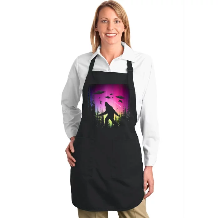 Bigfoot UFOs In Forest Full-Length Apron With Pocket