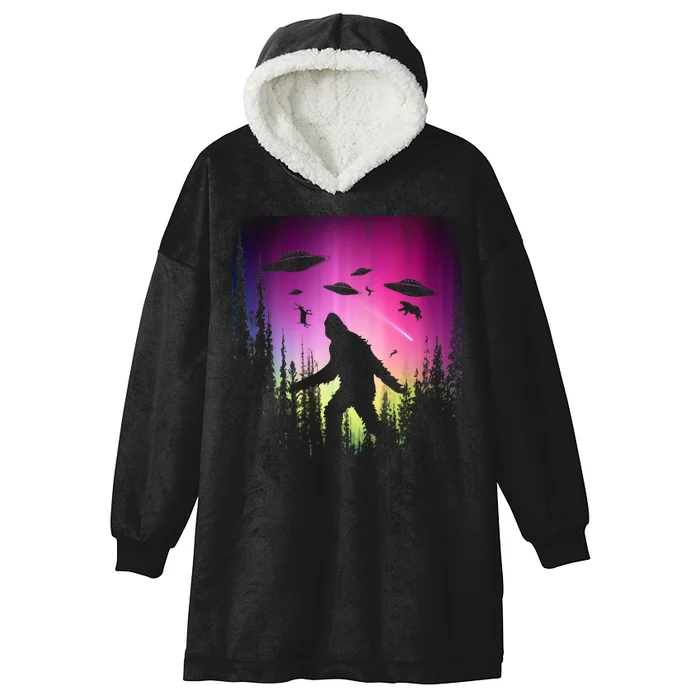 Bigfoot UFOs In Forest Hooded Wearable Blanket