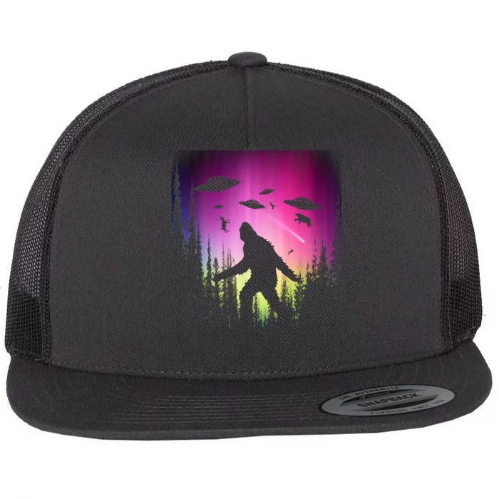 Bigfoot UFOs In Forest Flat Bill Trucker Hat