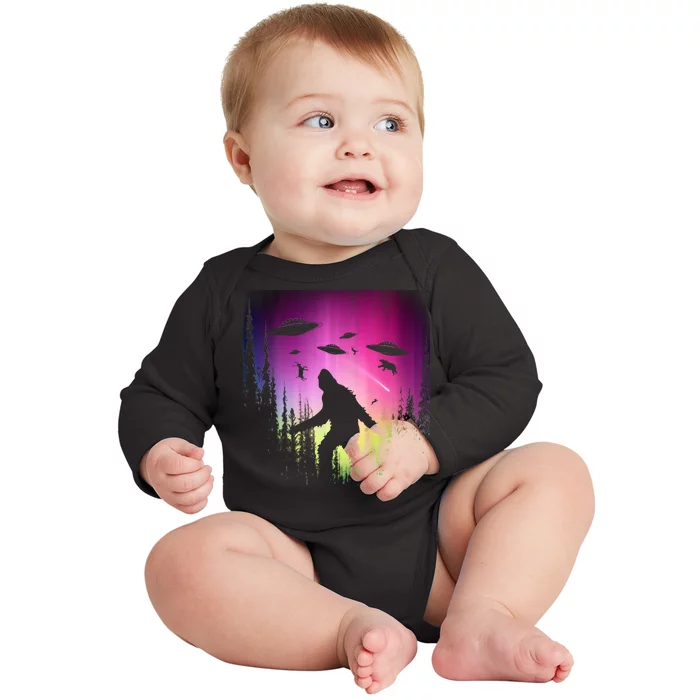 Bigfoot UFOs In Forest Baby Long Sleeve Bodysuit