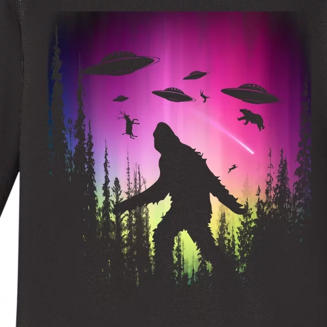 Bigfoot UFOs In Forest Baby Long Sleeve Bodysuit