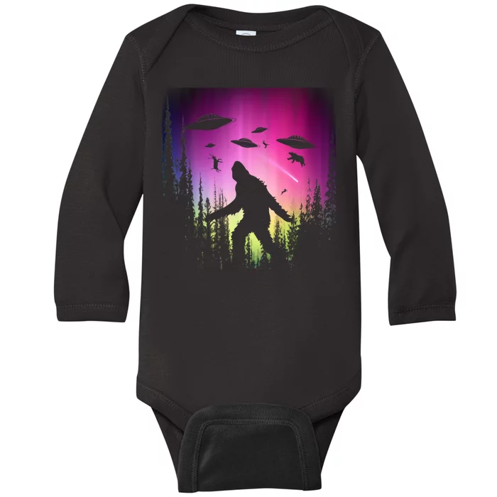 Bigfoot UFOs In Forest Baby Long Sleeve Bodysuit