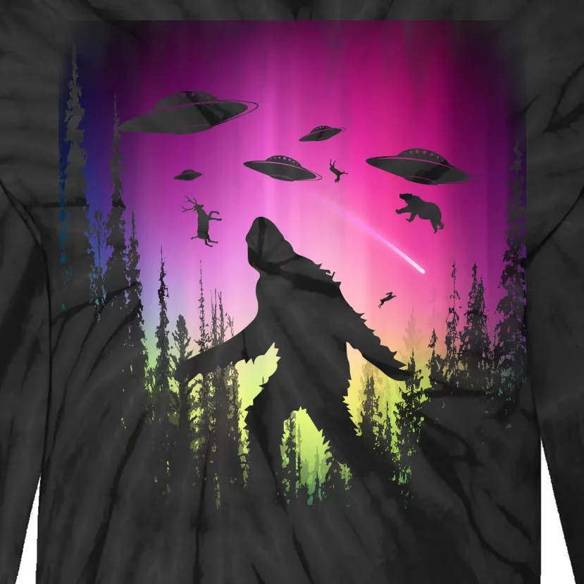 Bigfoot UFOs In Forest Tie-Dye Long Sleeve Shirt