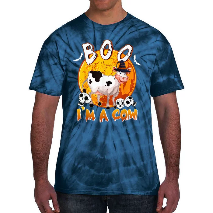 Boo I'm Halloween Cow Cute Cow Wearing Witch's Hat Skulls Tie-Dye T-Shirt