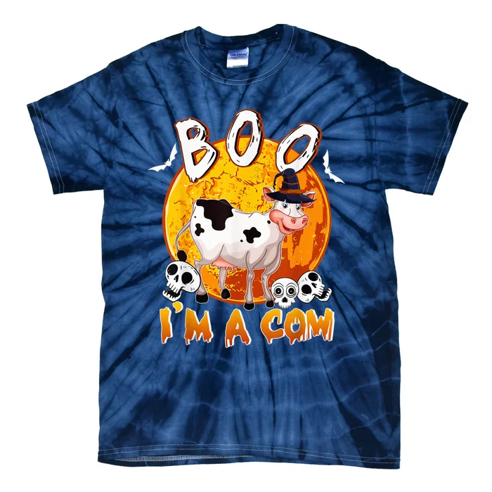 Boo I'm Halloween Cow Cute Cow Wearing Witch's Hat Skulls Tie-Dye T-Shirt