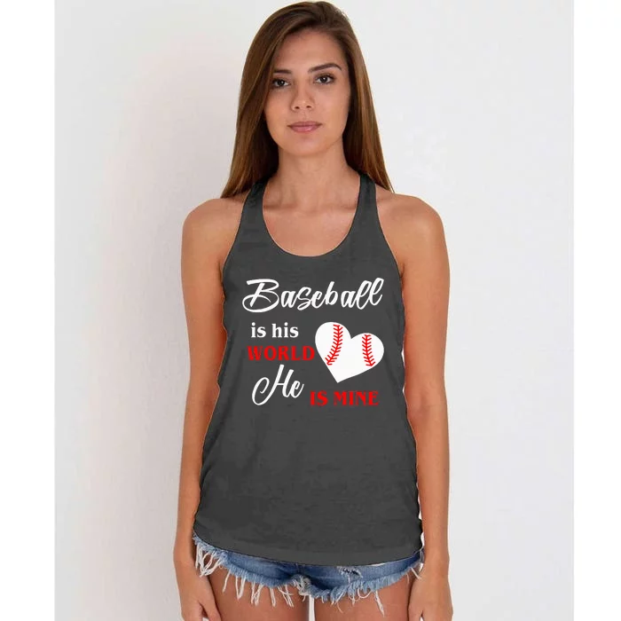 Baseball is his world he is mine Women's Knotted Racerback Tank