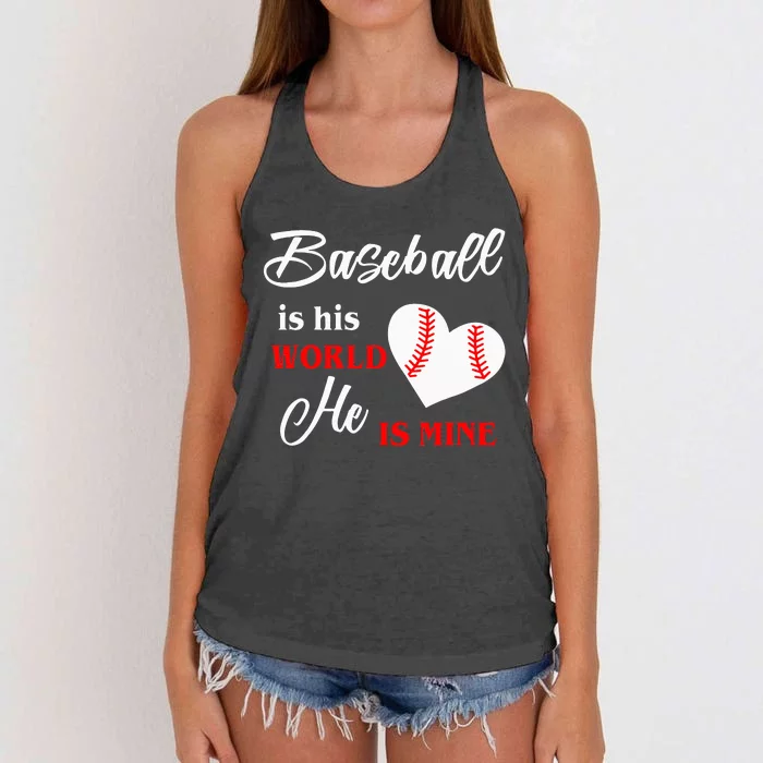 Baseball is his world he is mine Women's Knotted Racerback Tank